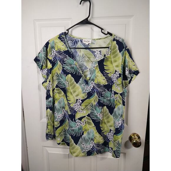 Panama Jack Woman 1X Blouse Linen Blend S/S Tropical V Neck Curved Hem Casual - Picture 1 of 9